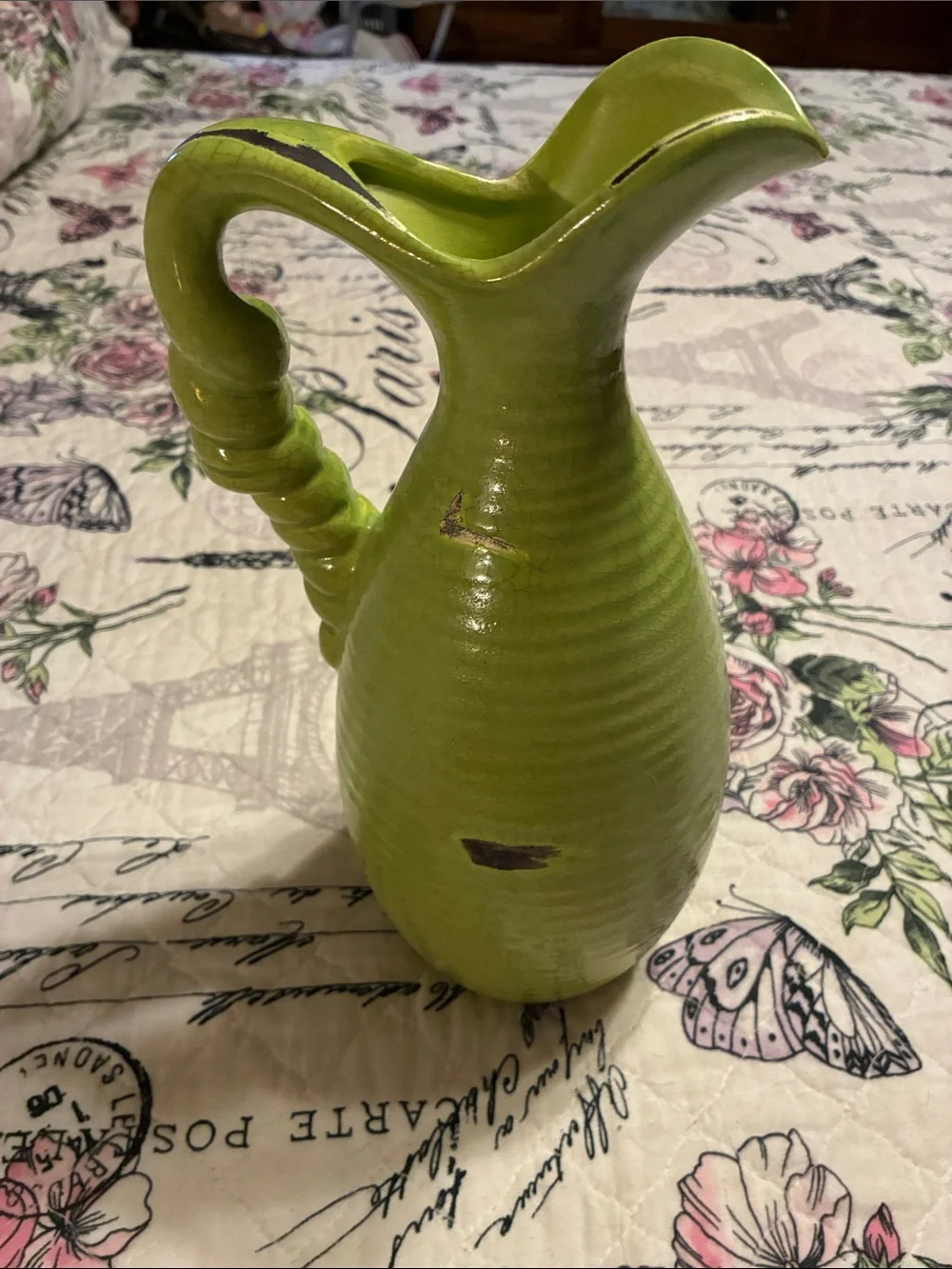Lime Green Ceramic Pitcher Vase with Twisted Handle